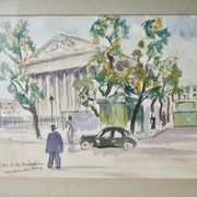 Watercolour painting of the Place de la Madeleine in Paris, 1950s.