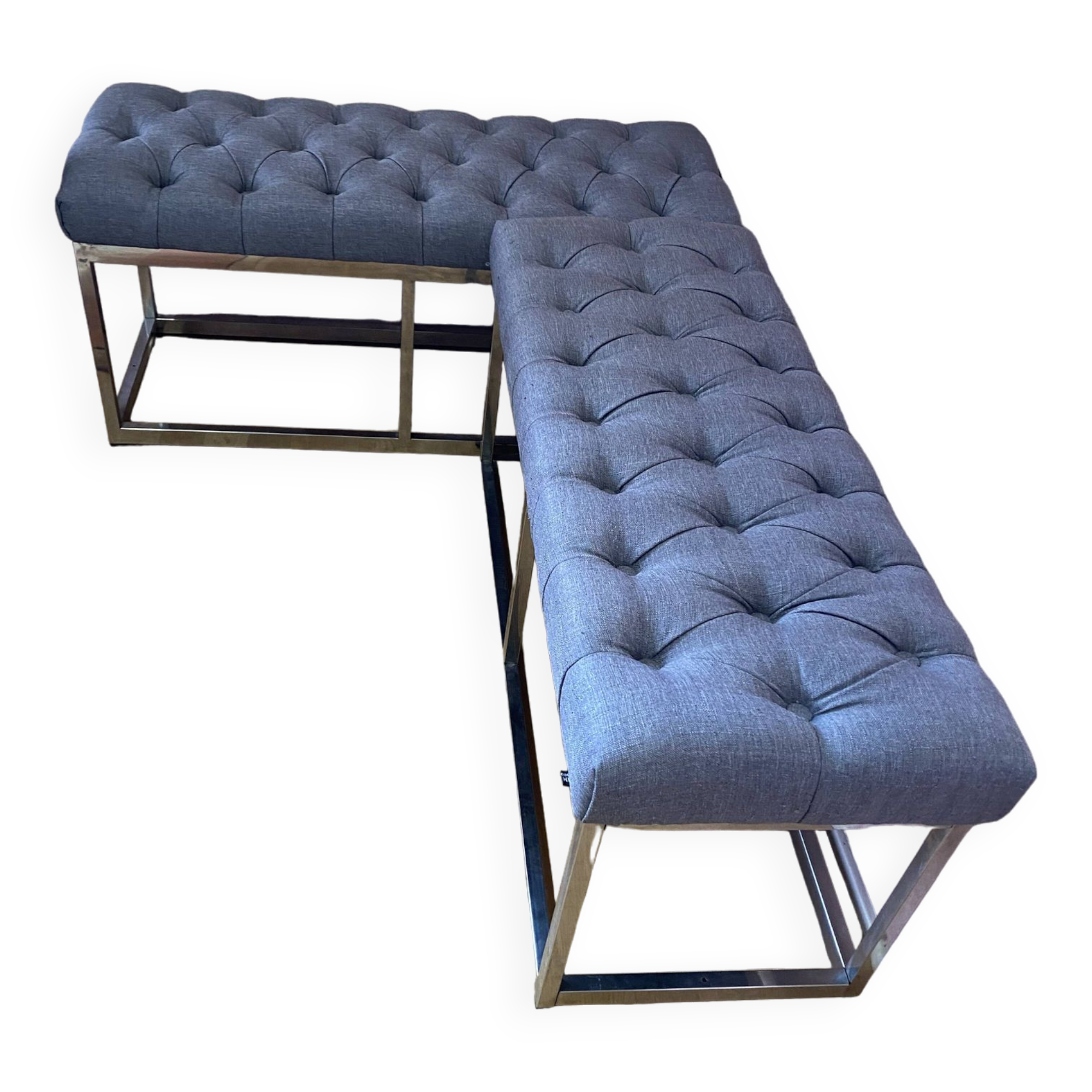 Pair of benches in chrome metal and padded gray fabric
