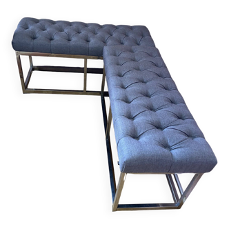 Pair of benches in chrome metal and padded gray fabric