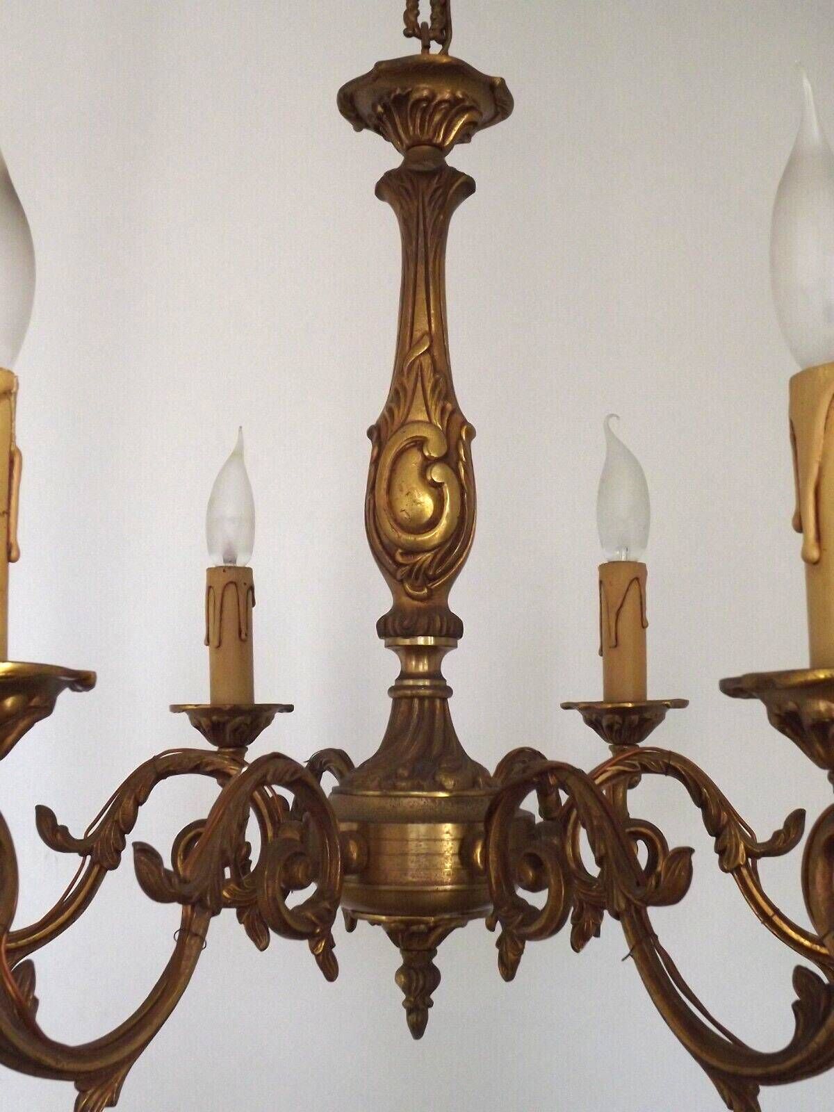 French Vintage Traditional Bronze 6 Light Chandelier Acanthus Leaf Detail 4565