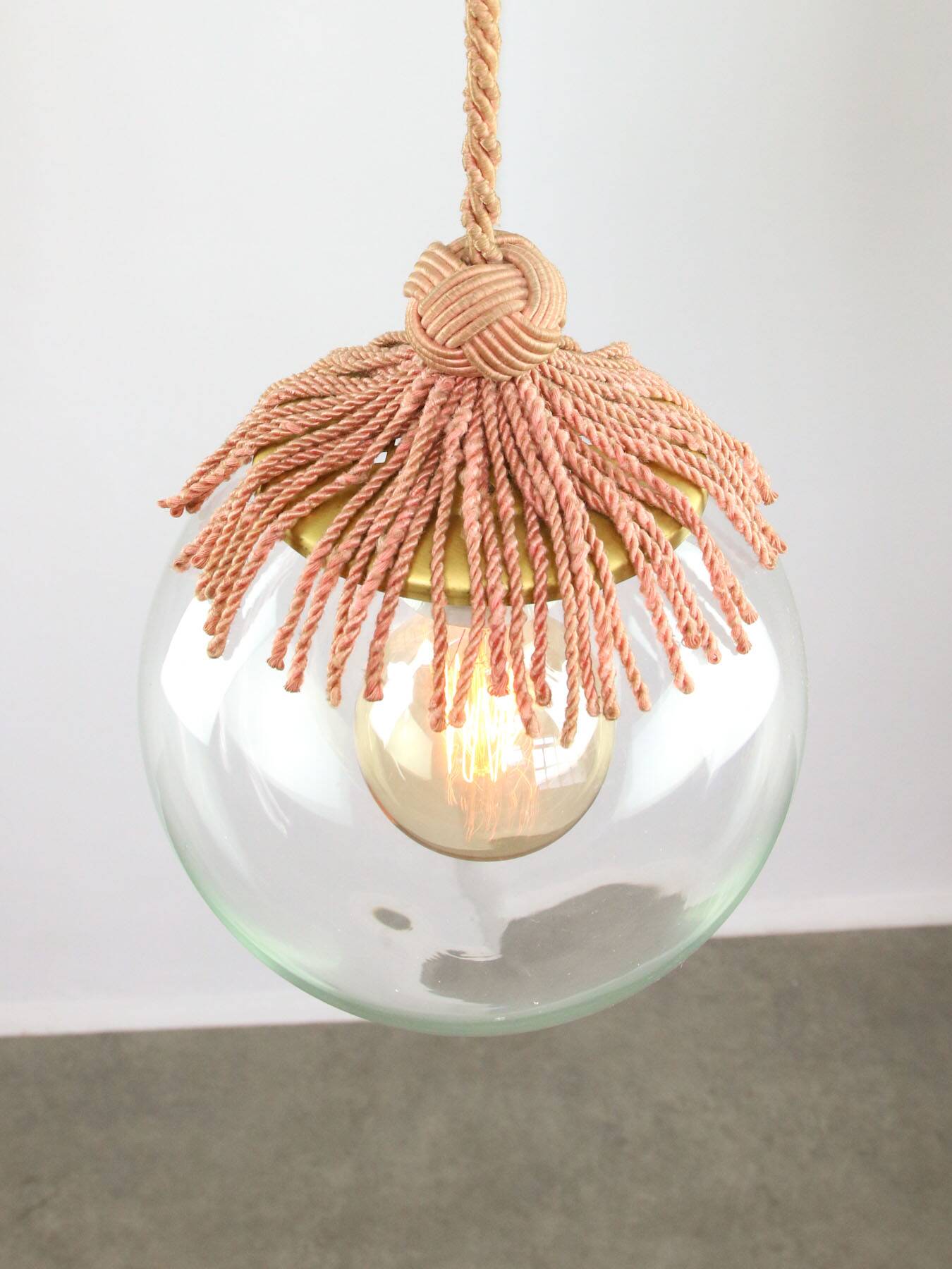 Art Deco Italian Pink Fabric and Brass Globe Pendant Lamp