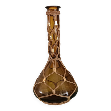 Petite dame-jeanne vintage en verre ambré et fibres tressées
