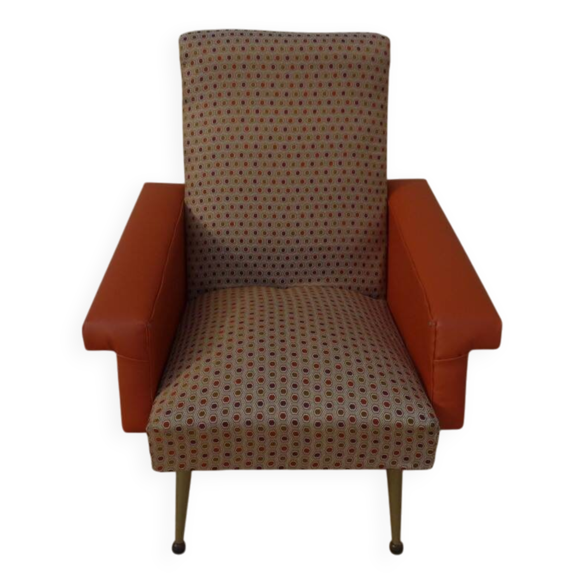 Retro vintage rockabilly armchair in orange faux leather and vintage fabrics