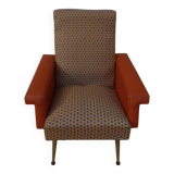 Retro vintage rockabilly armchair in orange faux leather and vintage fabrics