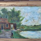 Peinture ancienne signée et datée, paysage animé, peinture à l’huile sur panneau de bois