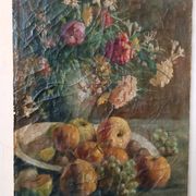 19th-century oil painting on canvas depicting a vase of fruit with flowers.