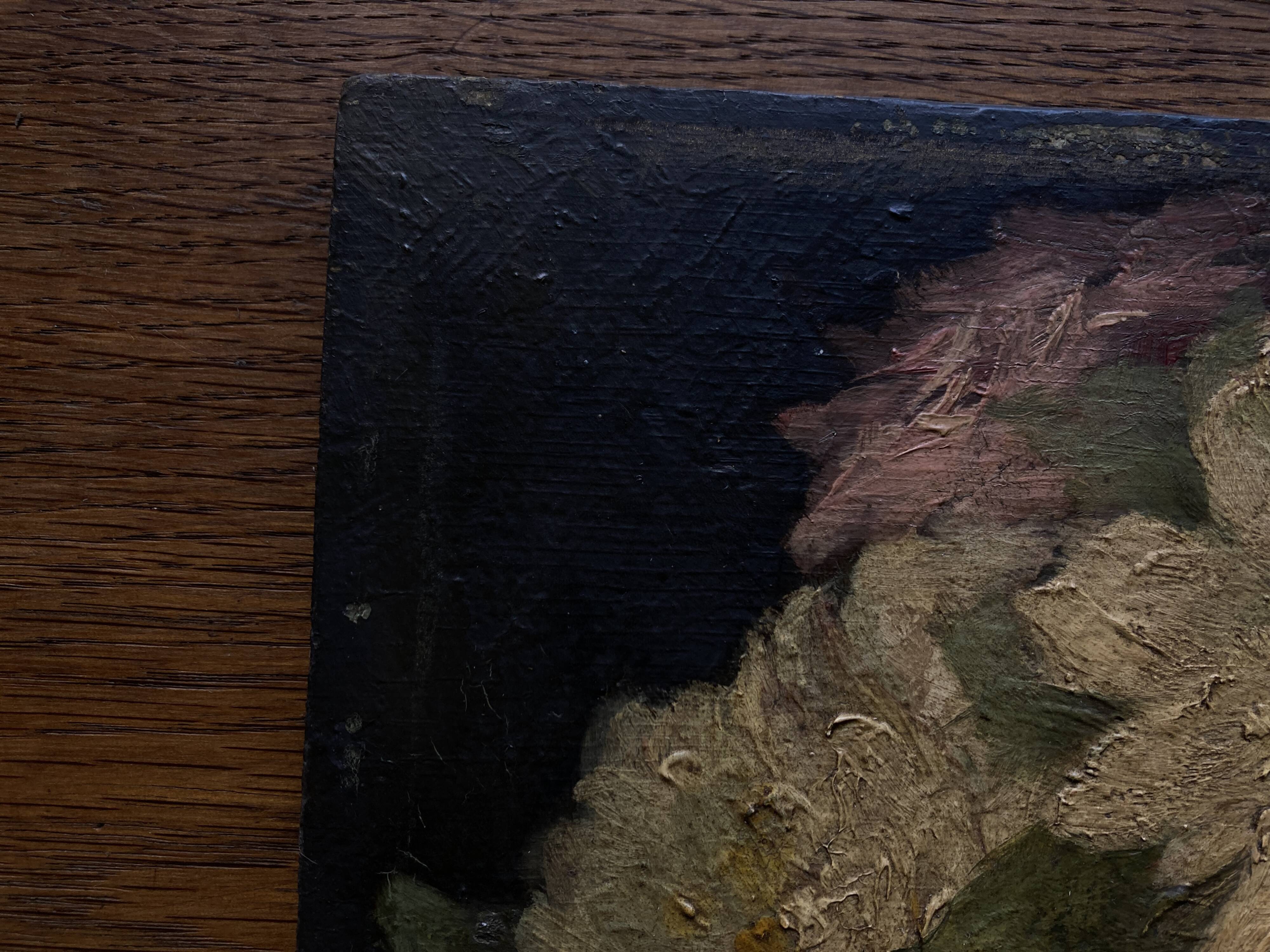 Painting of 19 roses from the garden, oil on wood.