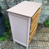 Vintage powder pink compass leg chest of drawers from the 1950s