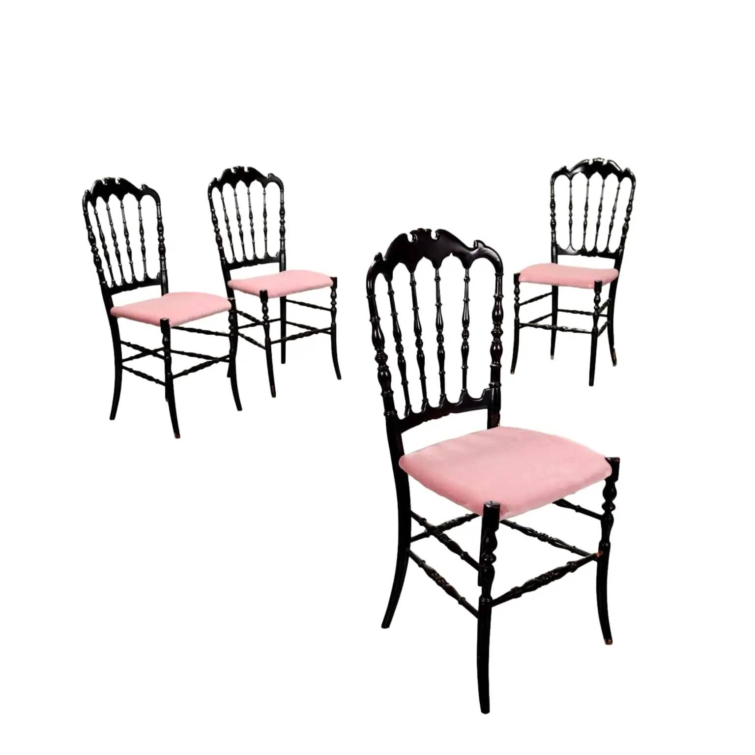 Vintage wooden chairs, foam and velvet, design, Italy, 1950s-1960s