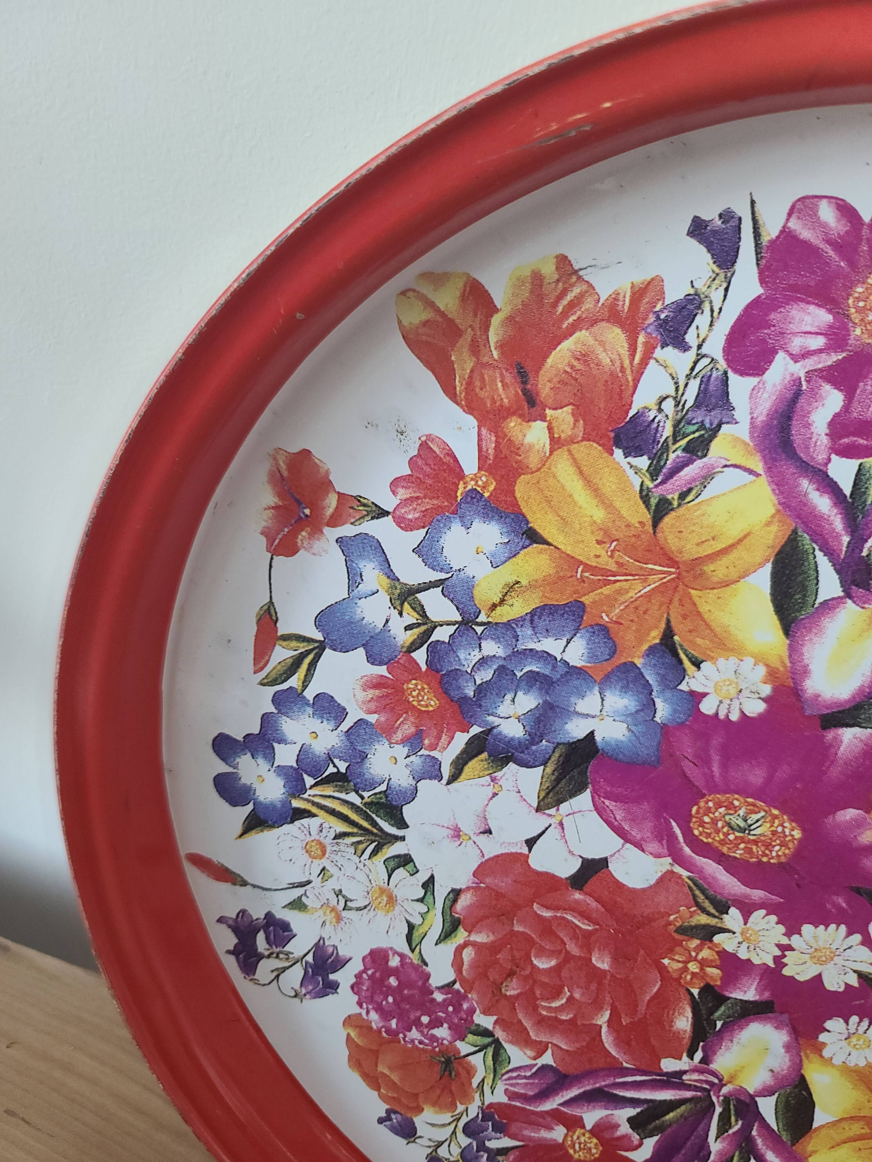 Vintage Metal Tray with Vibrant Floral Pattern