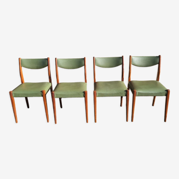 Su!te de 4 chaises bois et skaï, vertes olive, design scandinave, vintage, années 60