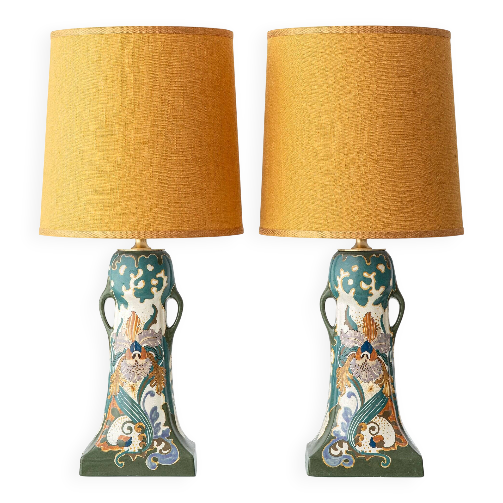 Pair of Dutch Art Nouveau Ceramic Table Lamps, circa 1915, with New Ochre Linen Shades