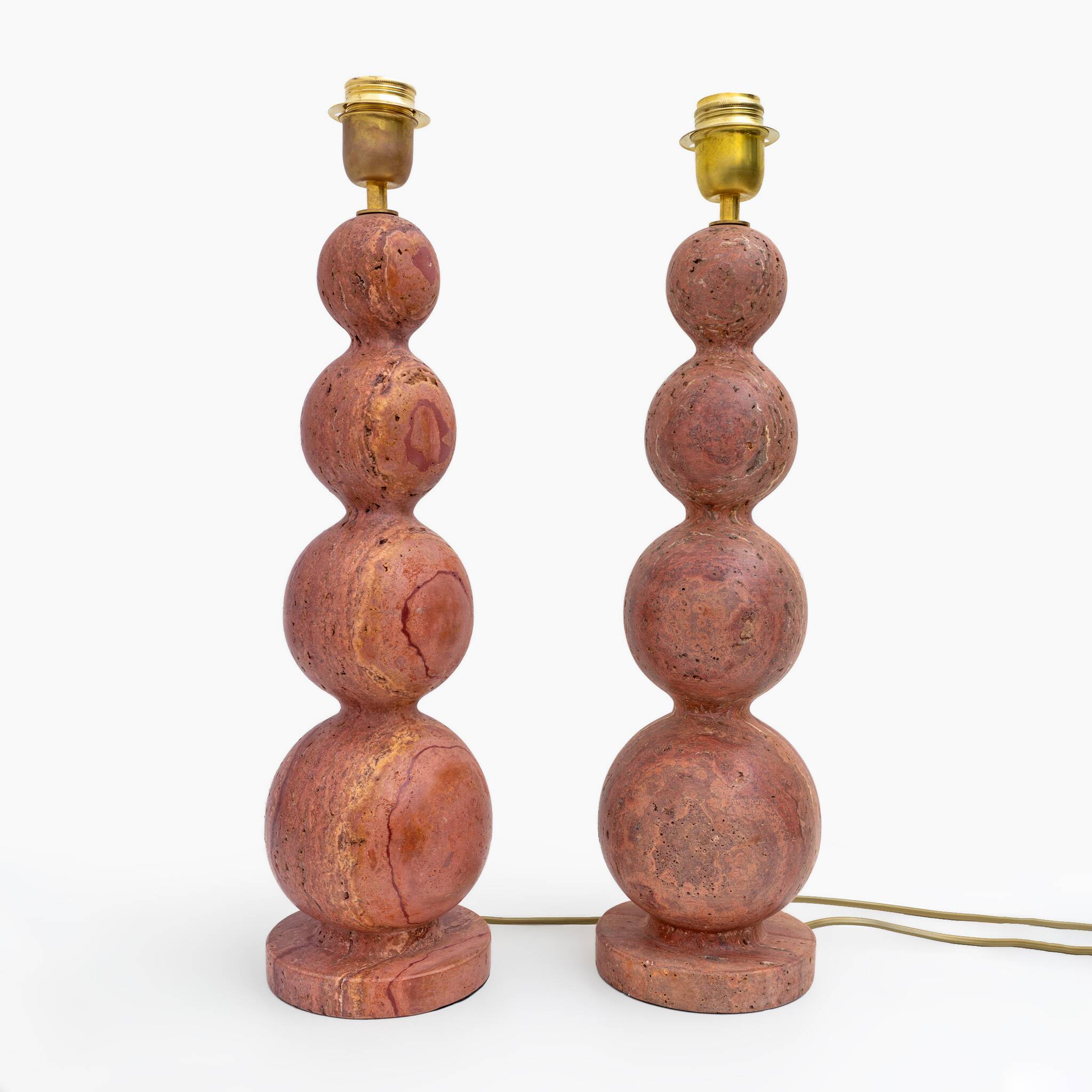 Pair of Italian Modern Red Travertine Sphere Lamps