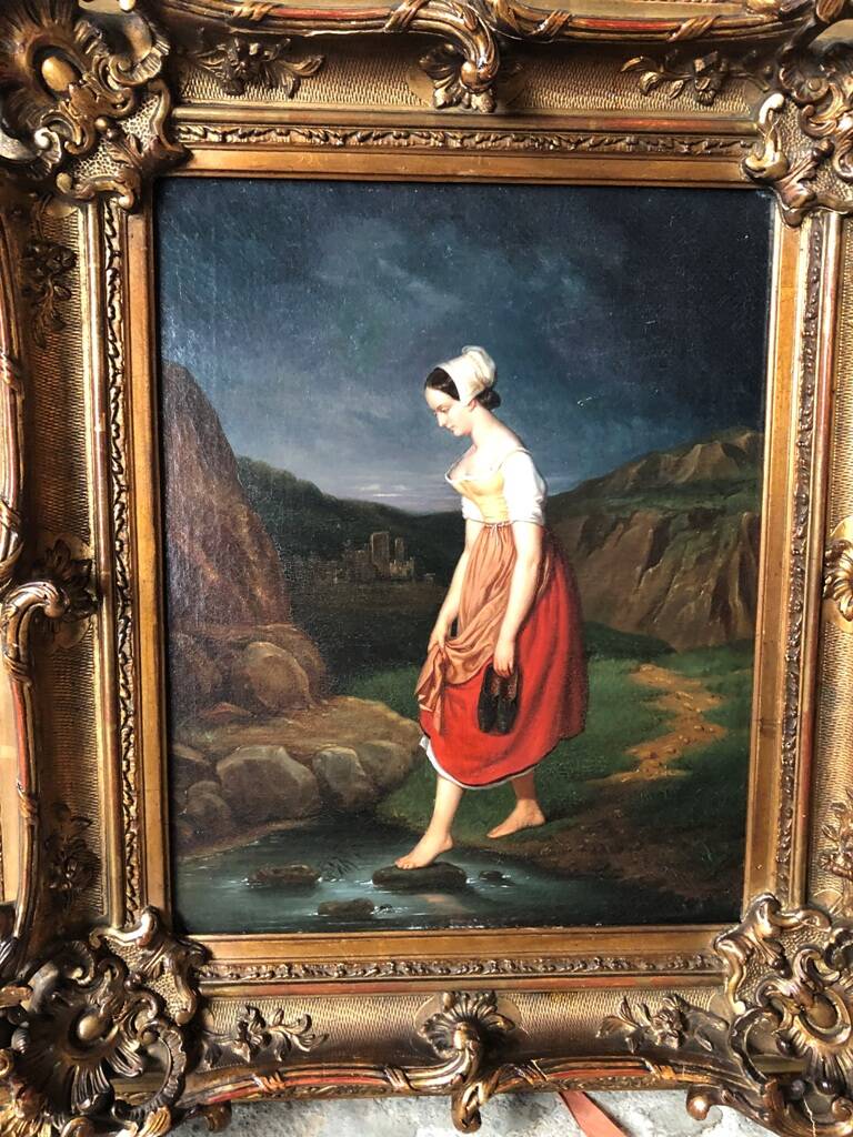 Oil on canvas 19th century "Breton woman crossing a stream"