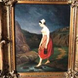 Oil on canvas 19th century "Breton woman crossing a stream"
