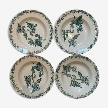 Lot de 4 assiettes creuses, décors de feuillages, Manufacture de St-Amand-les-Eaux