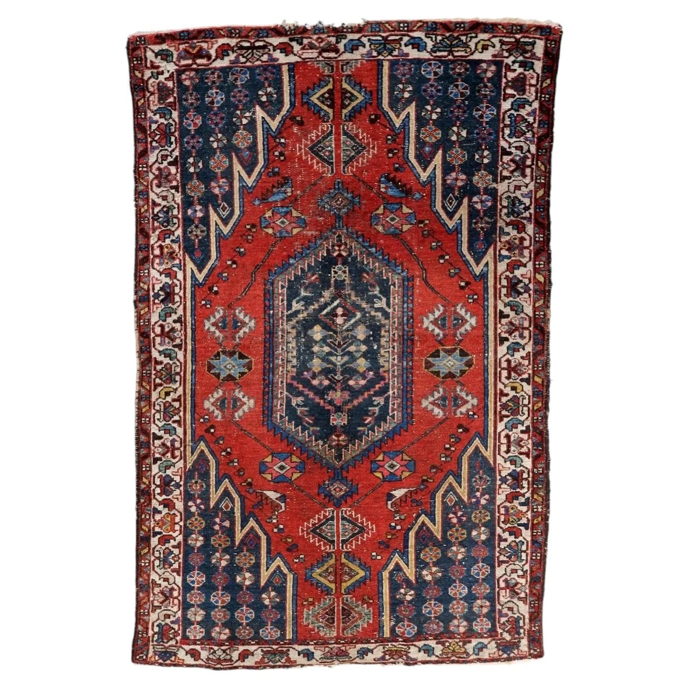 Antique 1920s Persian Hamadan rug, distressed tribal medallion, 128cm x 194cm