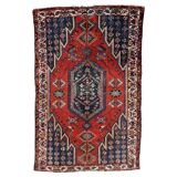 Antique 1920s Persian Hamadan rug, distressed tribal medallion, 128cm x 194cm