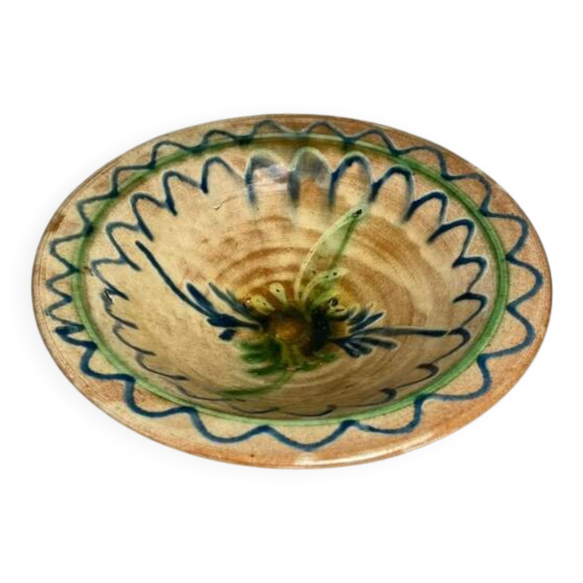 Glazed ceramic dish with green and blue floral decoration – vintage southern earthenware – handmade