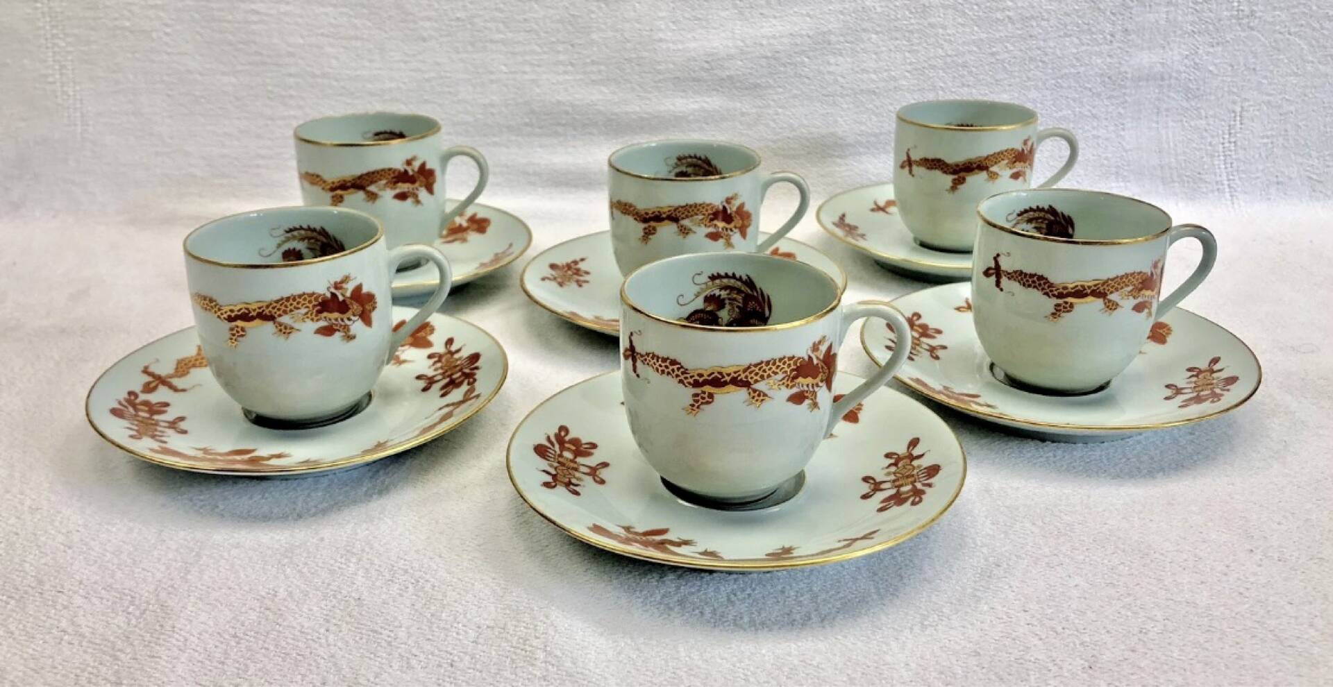 Service of 6 porcelain coffee cups Raynaud Limoges celadon green dragon