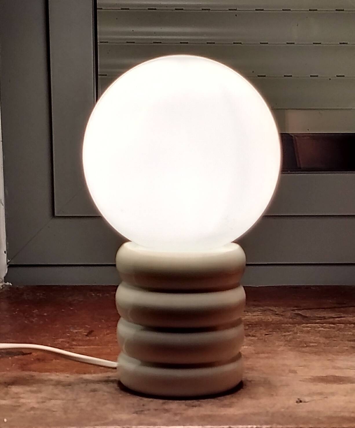 70s wood and opaline lamp