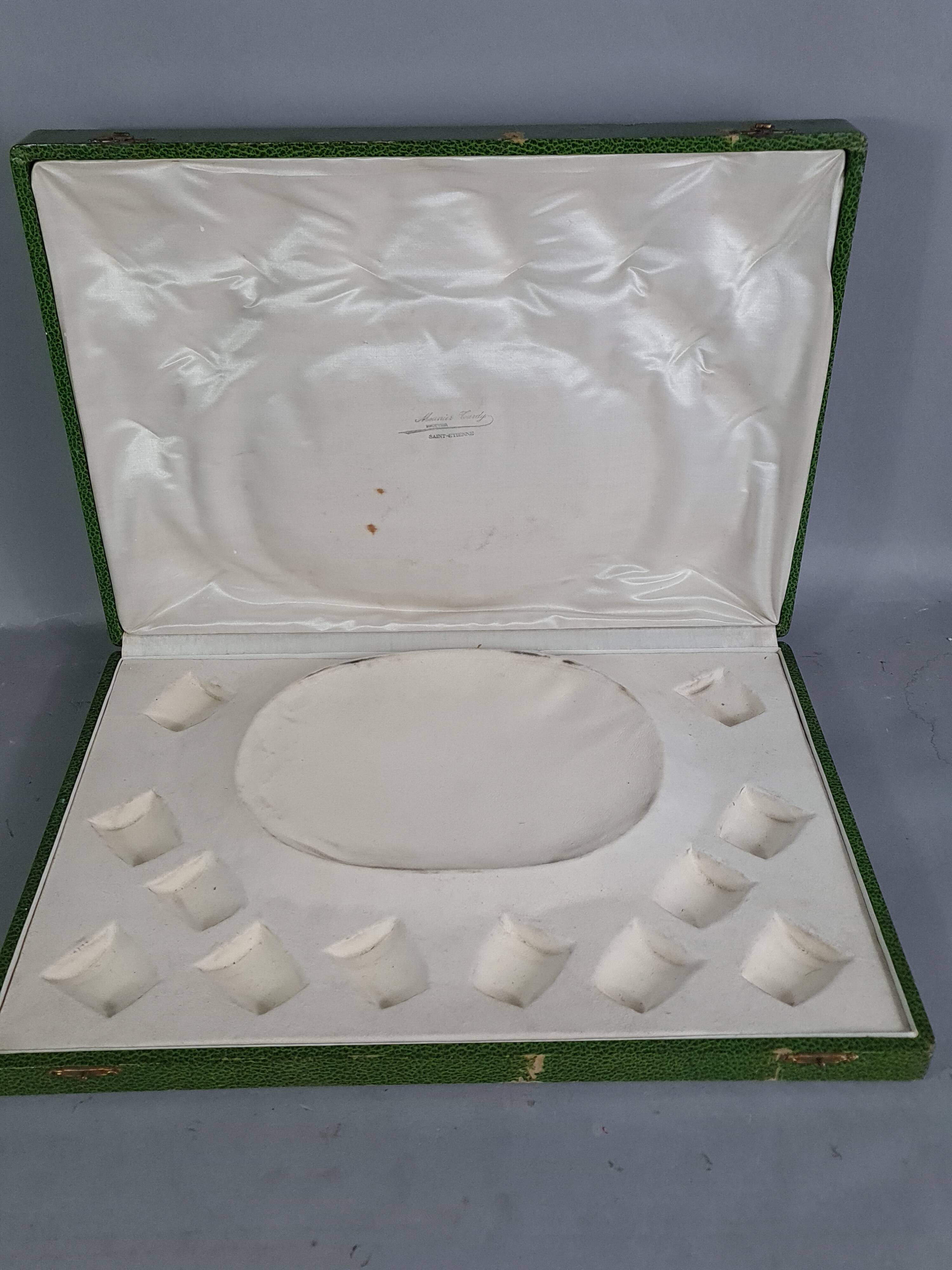 Antique silver-plated/gold liquor service with 12 goblets, tray + case.