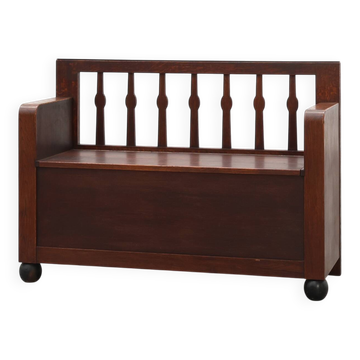 Modernist Art Deco bench with lift-top storage seat in solid oak, Belgium