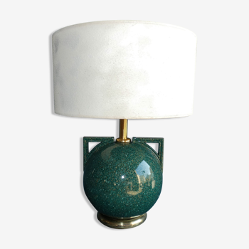 Lampe boule en céramique verte dorée style art deco travail français circa 1980