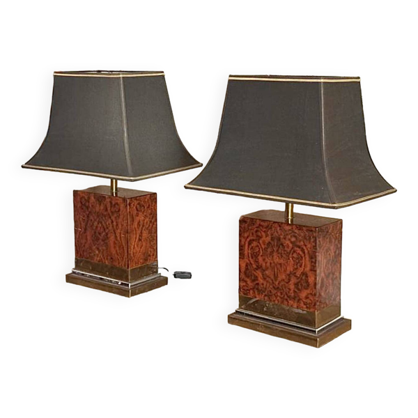 Paire de lampes de table en loupe et cuivre de Jean Claude Mahey