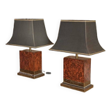 Pair of burl and copper table lamps by style Mahey