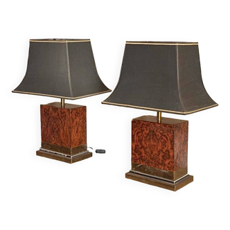 Pair of burl and copper table lamps by style Mahey