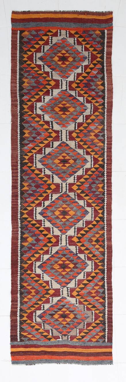 3x10 Red & Blue Kilim Runner Rug, 82x295Cm