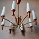Scandinavian mid-century chandelier, teak, brass, opaline glass, 8 arms, 1950-1960.