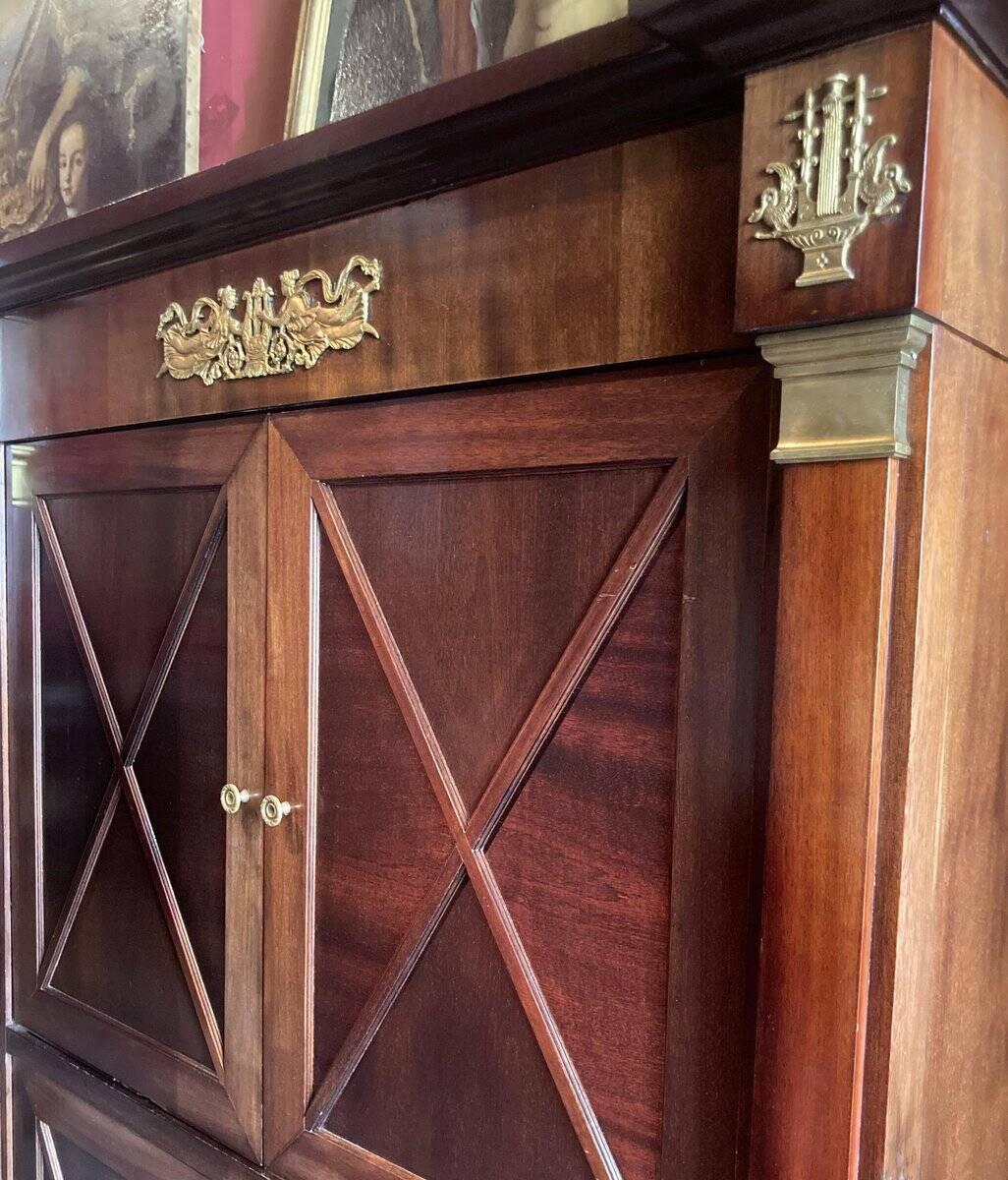 Cabinet, wardrobe or mahogany and ormolu wine bar in French Empire style with four doors.