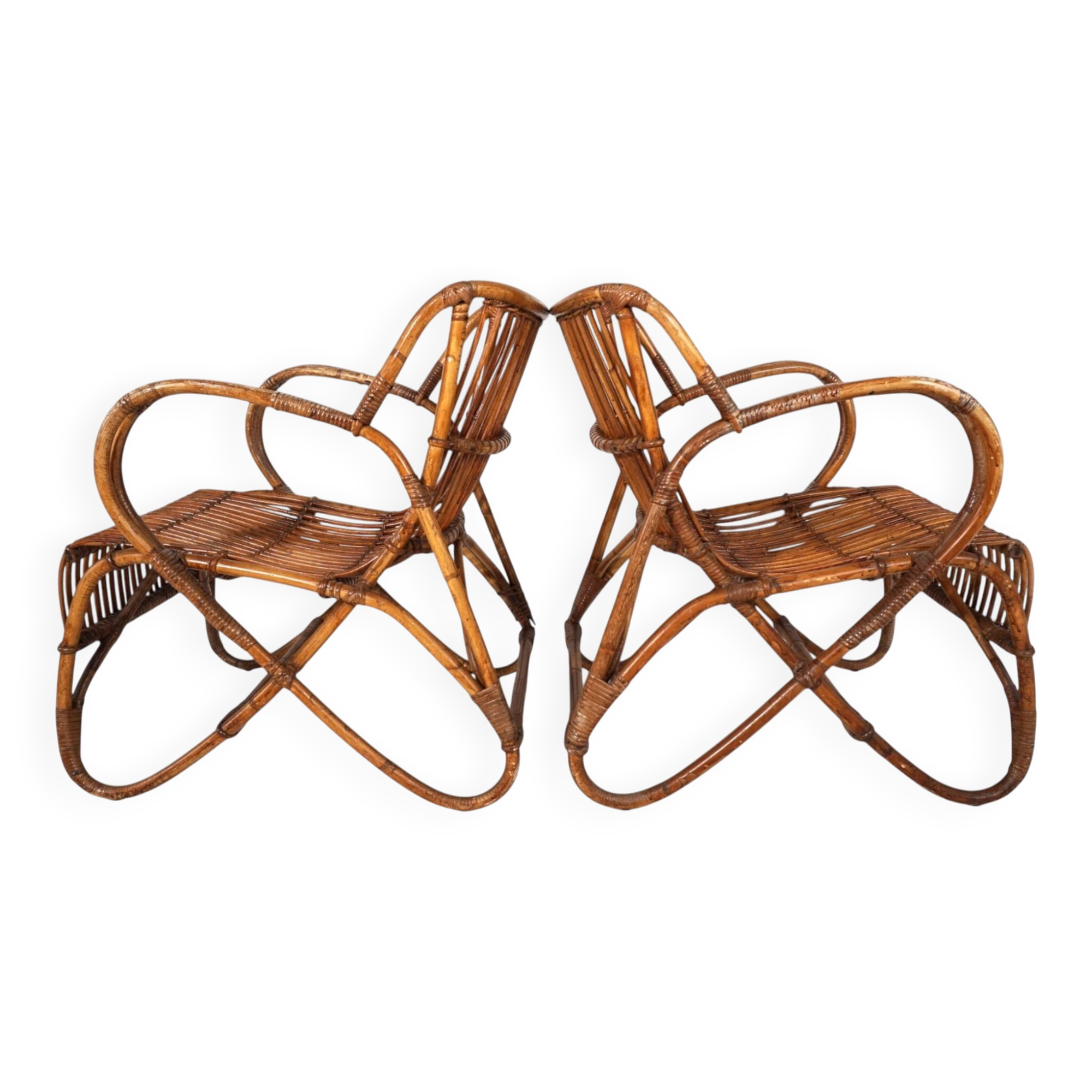 French Pair Vintage Rattan Bamboo Lounge Chairs, 1960