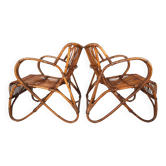 French Pair Vintage Rattan Bamboo Lounge Chairs, 1960