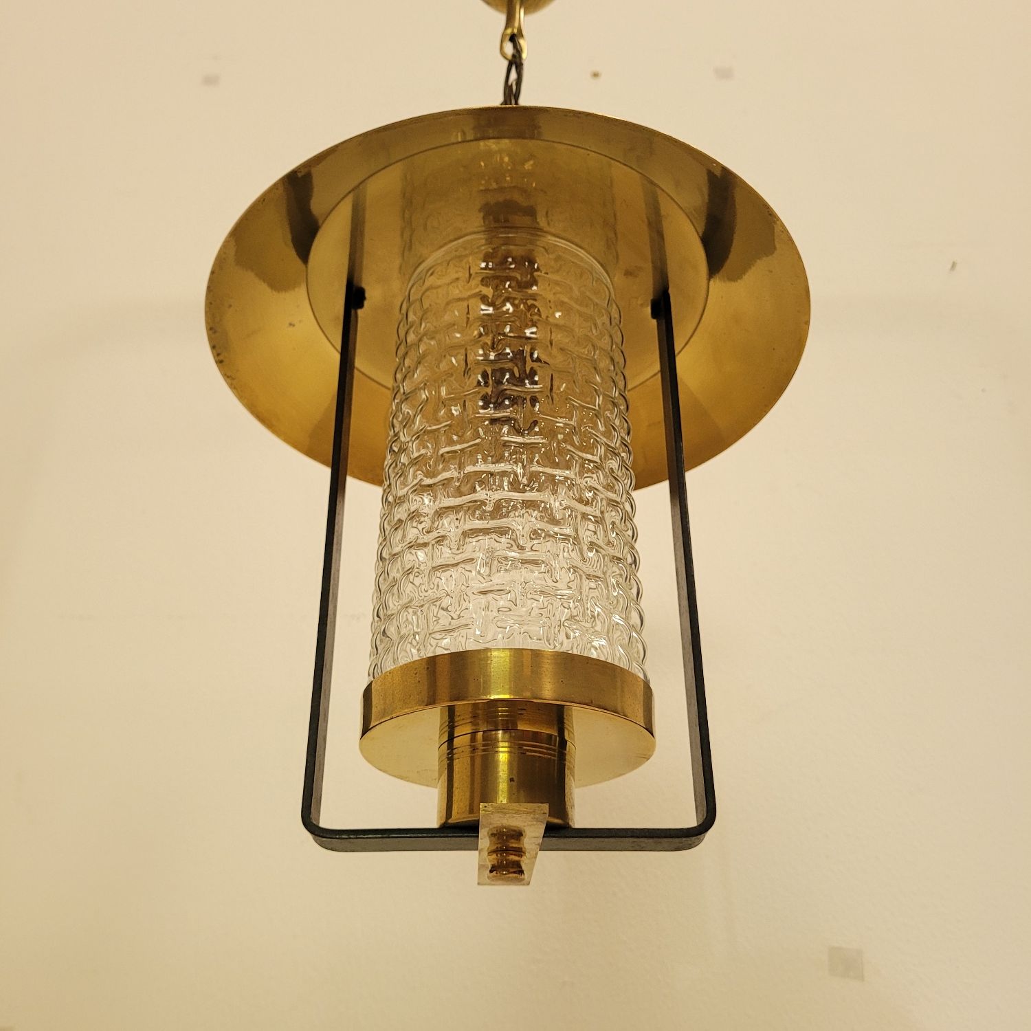 Vintage Pendant Lamp Maison Arlus in glass and brass year 70