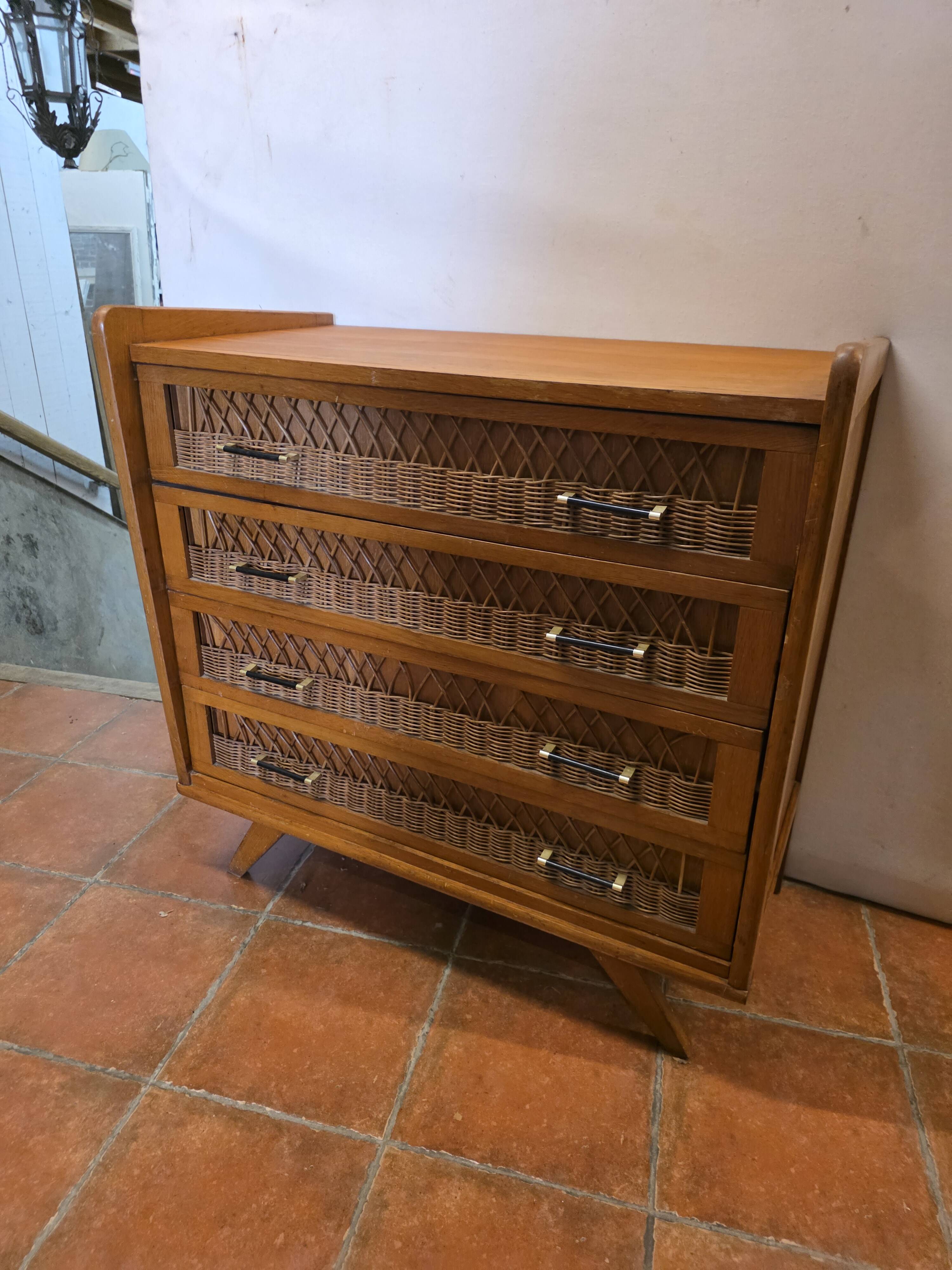 Commode vintage rotin et chêne des années 60