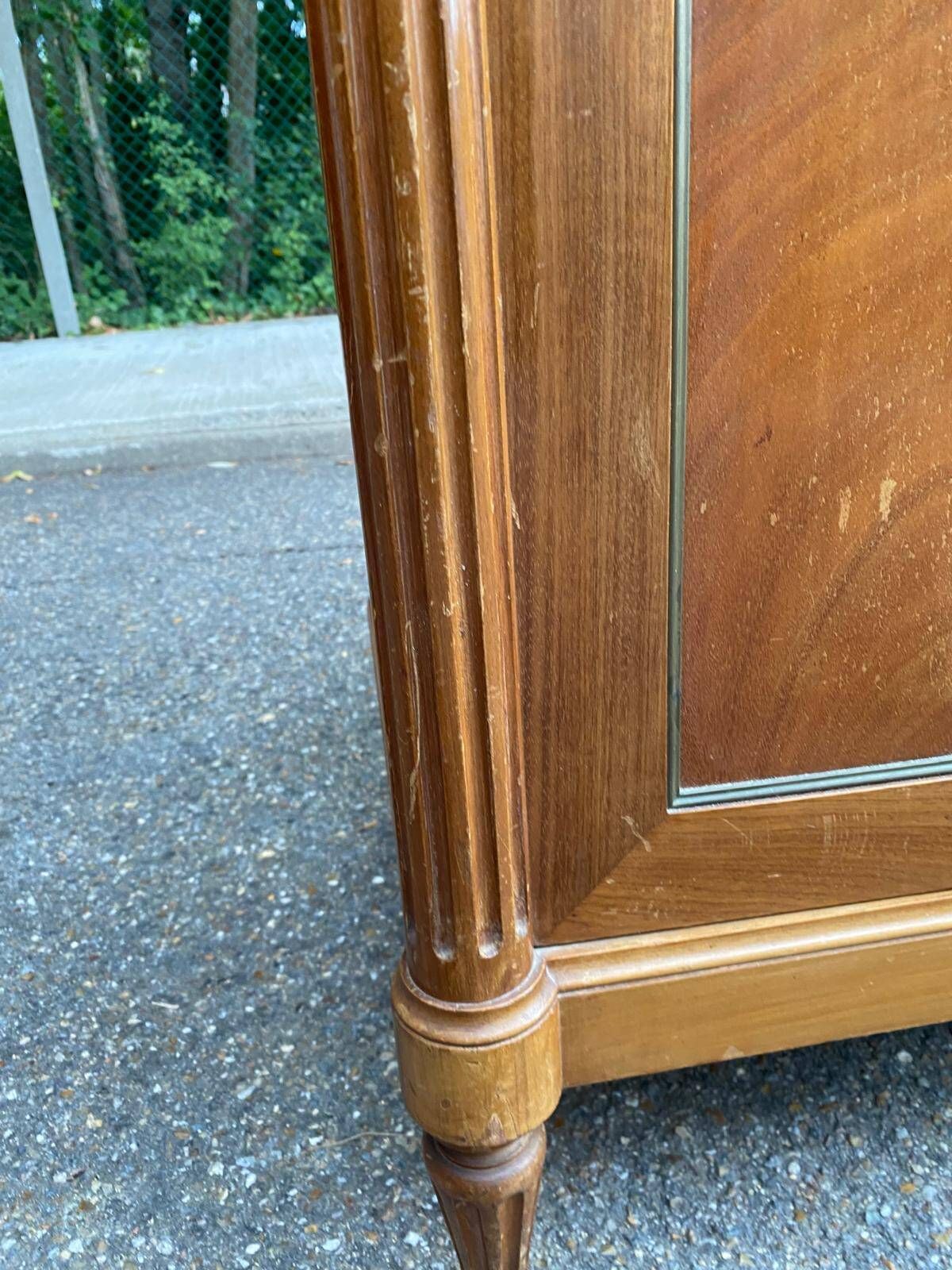 Louis XVI sideboard in solid mahogany with a white marble top, 222cm, 1950.