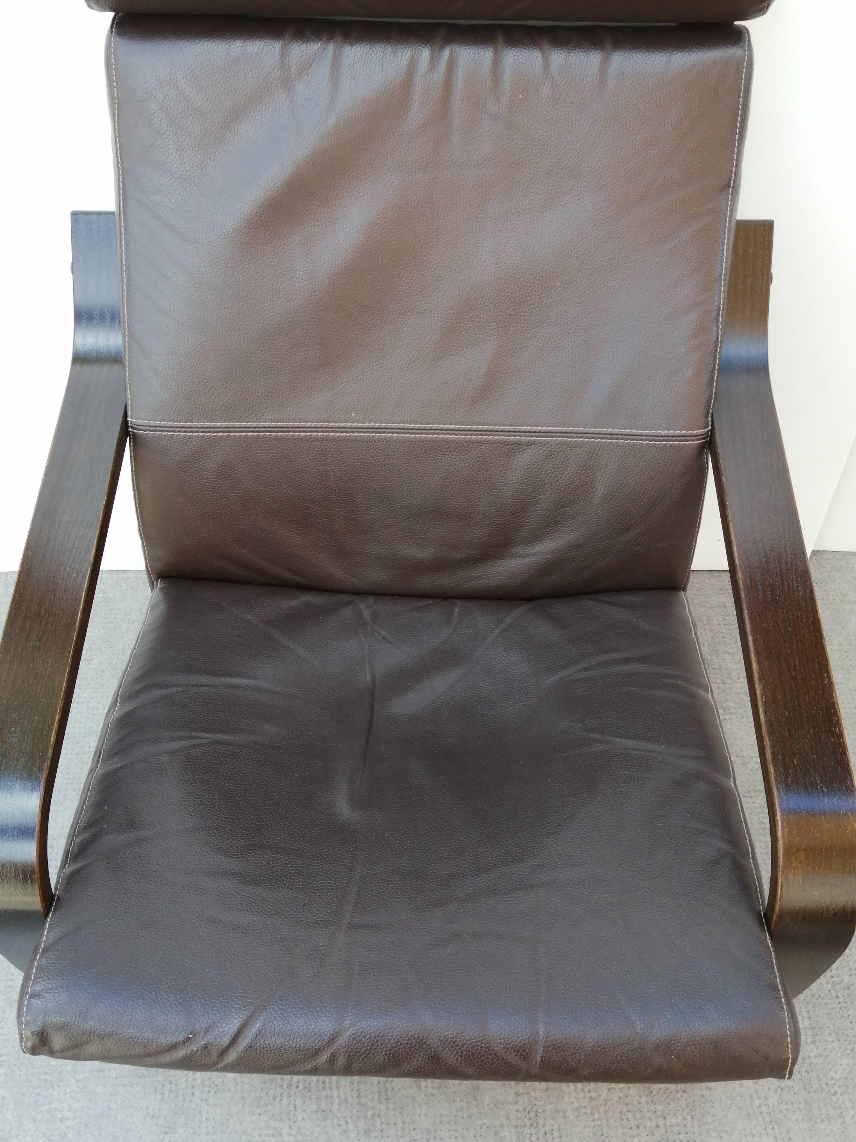 Fauteuil lounge en cuir marron  ''Poang'' Ikea 1990