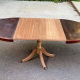 Extendable round dining table with central leg, renovated in raw wood, 20th century