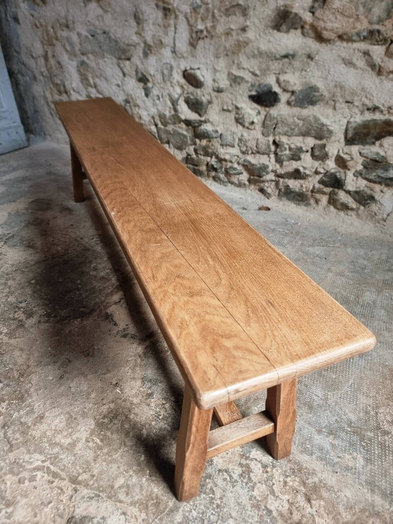 Vintage oak bench, solid wood dining bench, rustic farmhouse bench, French country style, circa 1950–1965.