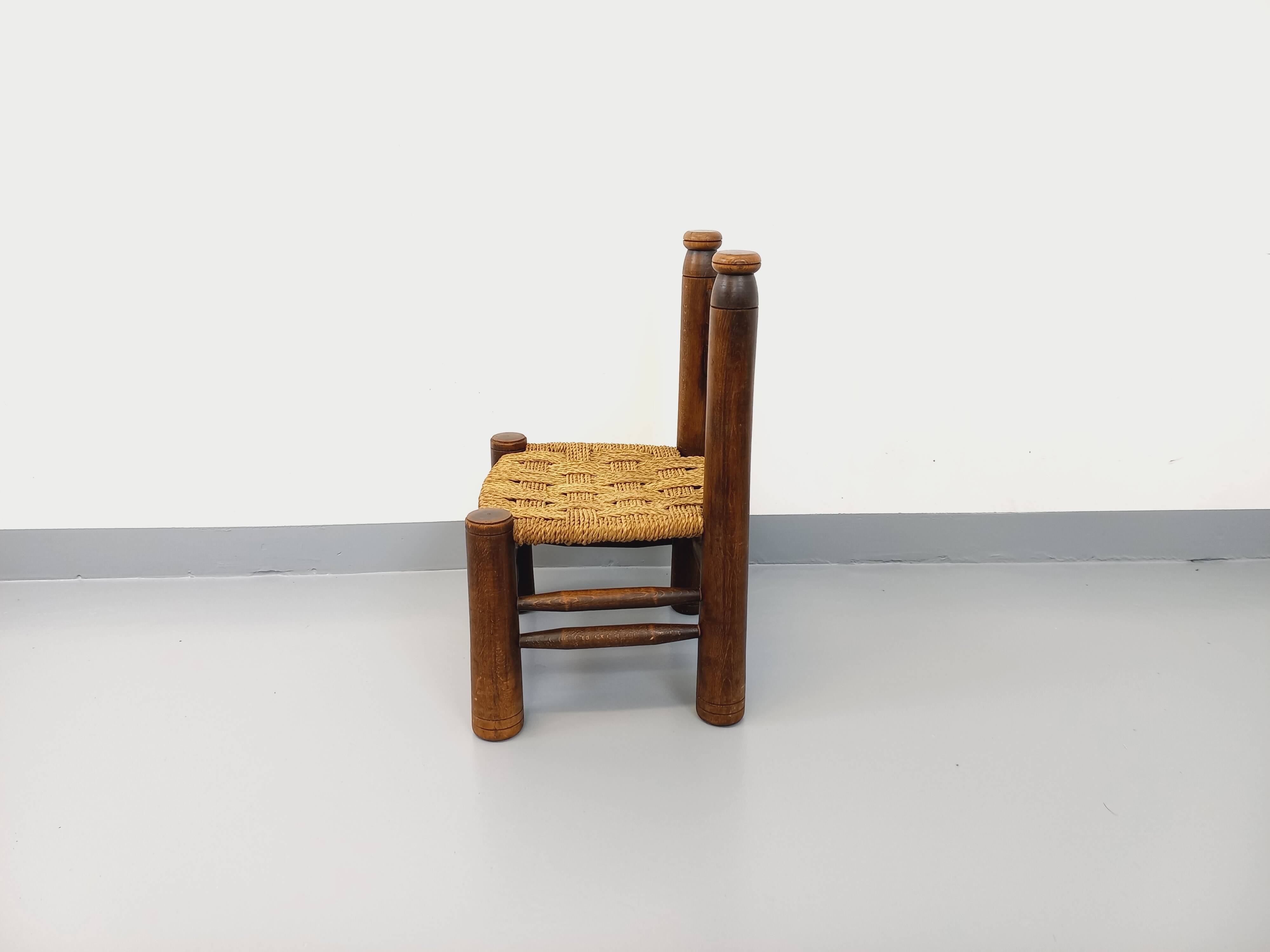 Vintage Charles Dudouyt Brutalist Low Chair in Wood and Straw