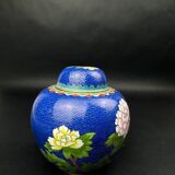 Chinese cloisonné vase decorated with peonies on a blue background, height 15 cm