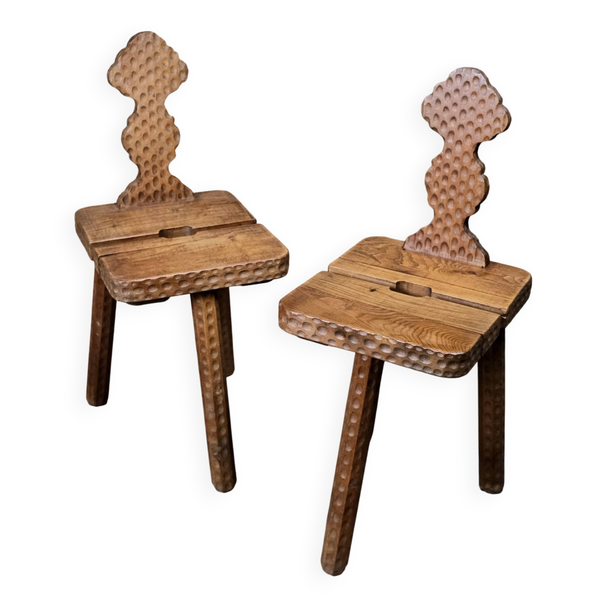 Pair of solid oak Breton chairs in folk art style