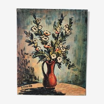 Bouquet of oil flowers on canvas