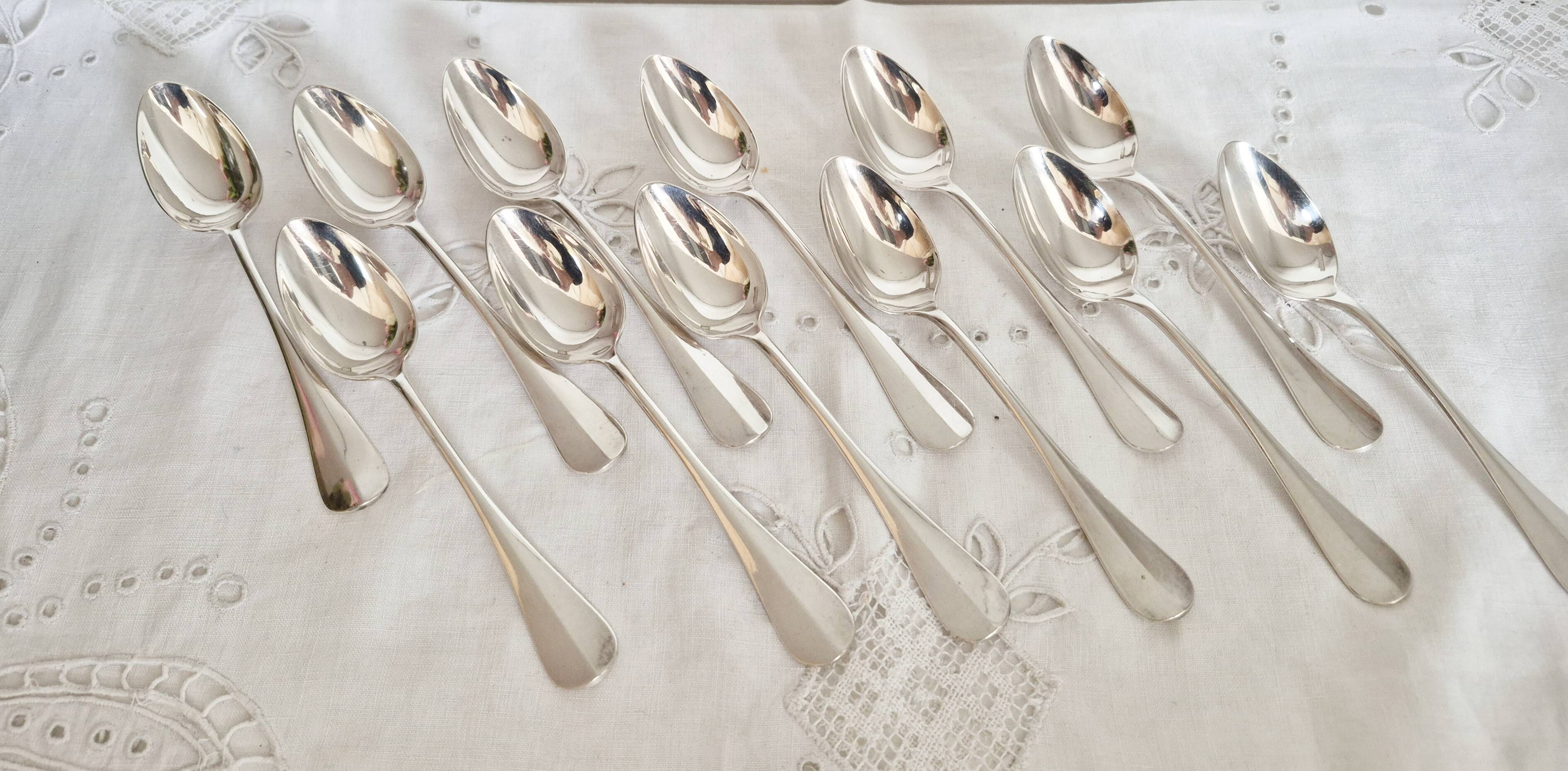 Silver dessert or coffee spoons, "Boulenger", Baguette pattern