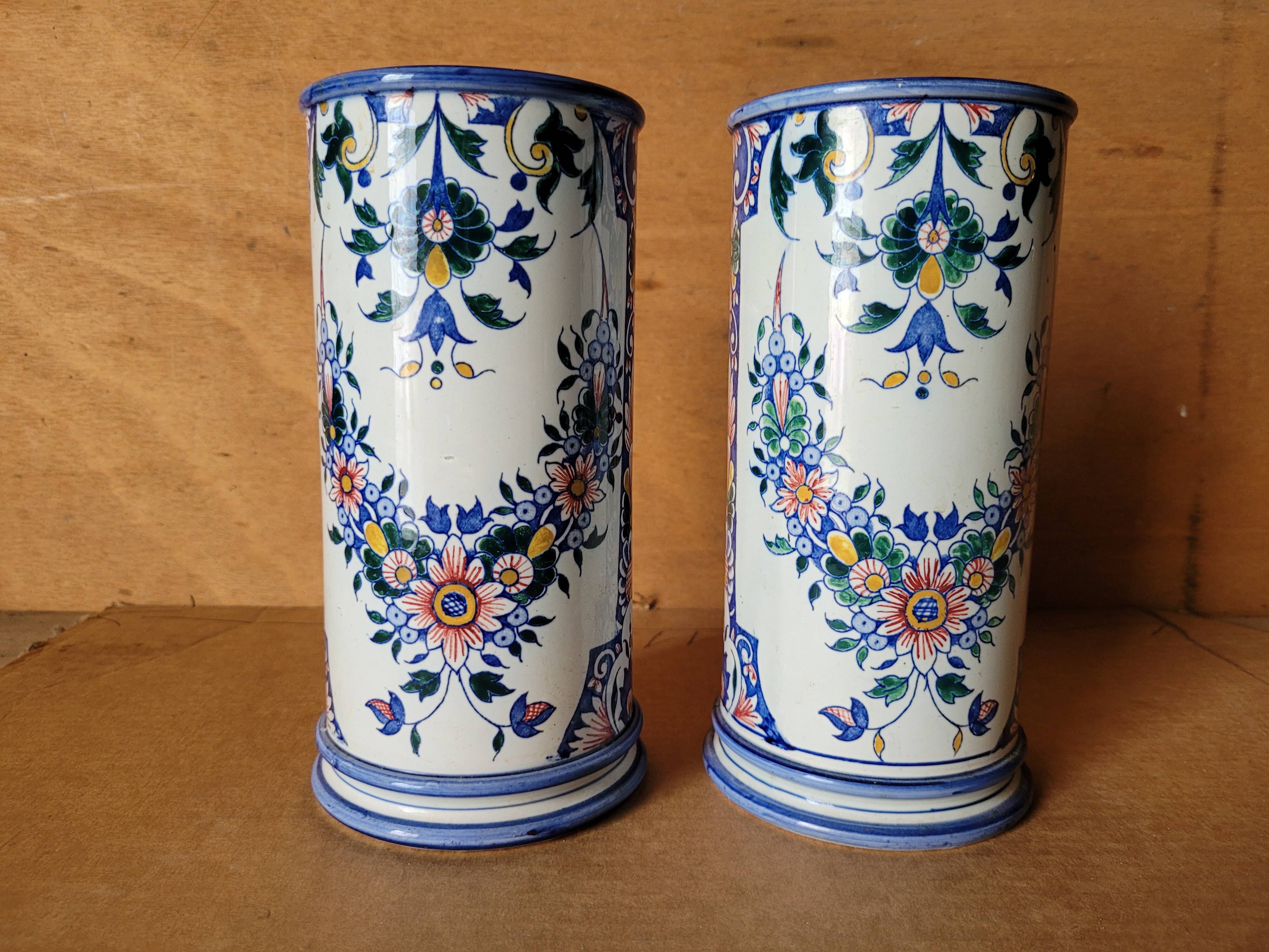 Pair of Gien earthenware roller vases with Rouen decoration