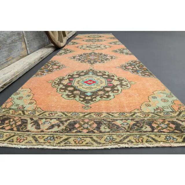 1970s Turkish Oushak Handmade Wool Cotton Orange Runner 98x378