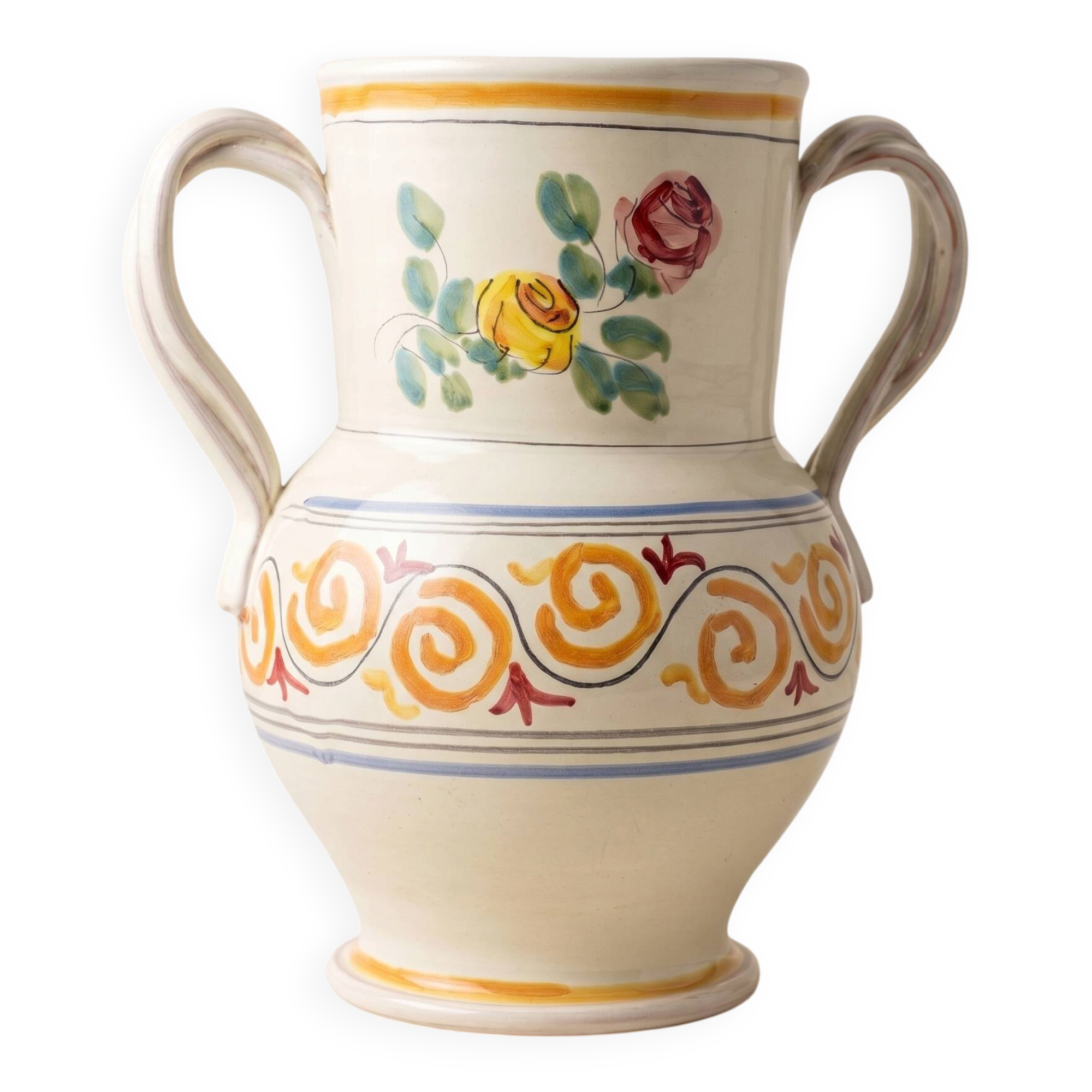 Vase with two twisted handles, Ceramiche Nicola Fasano, Grottaglie